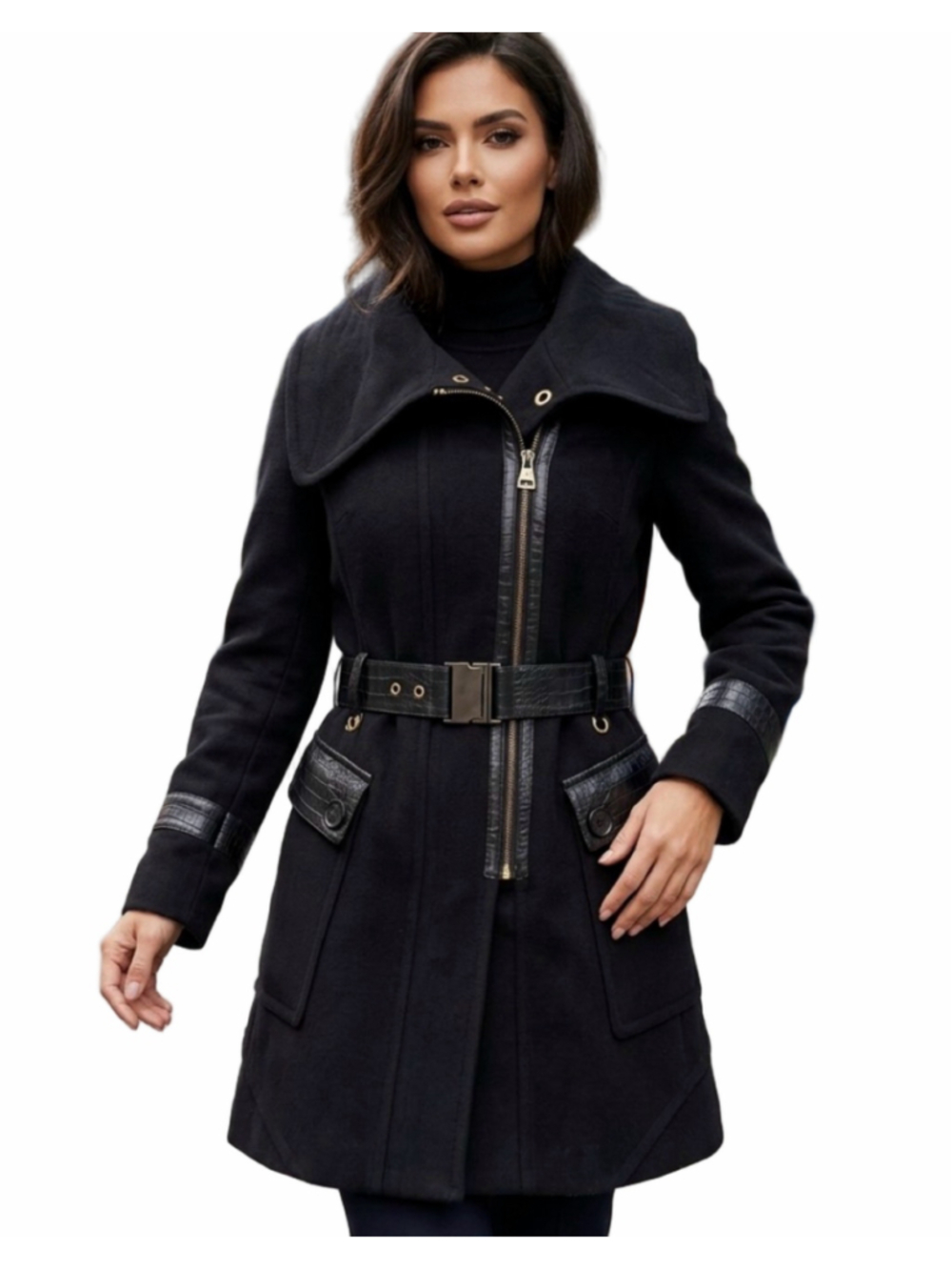 Rudsak Black Asymmetric Zip Wool Trench Coat Leather Trim Belted Moto Size S